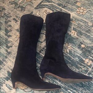 Elegant Navy Blue Kitten Heel Suede Knee-High Boots